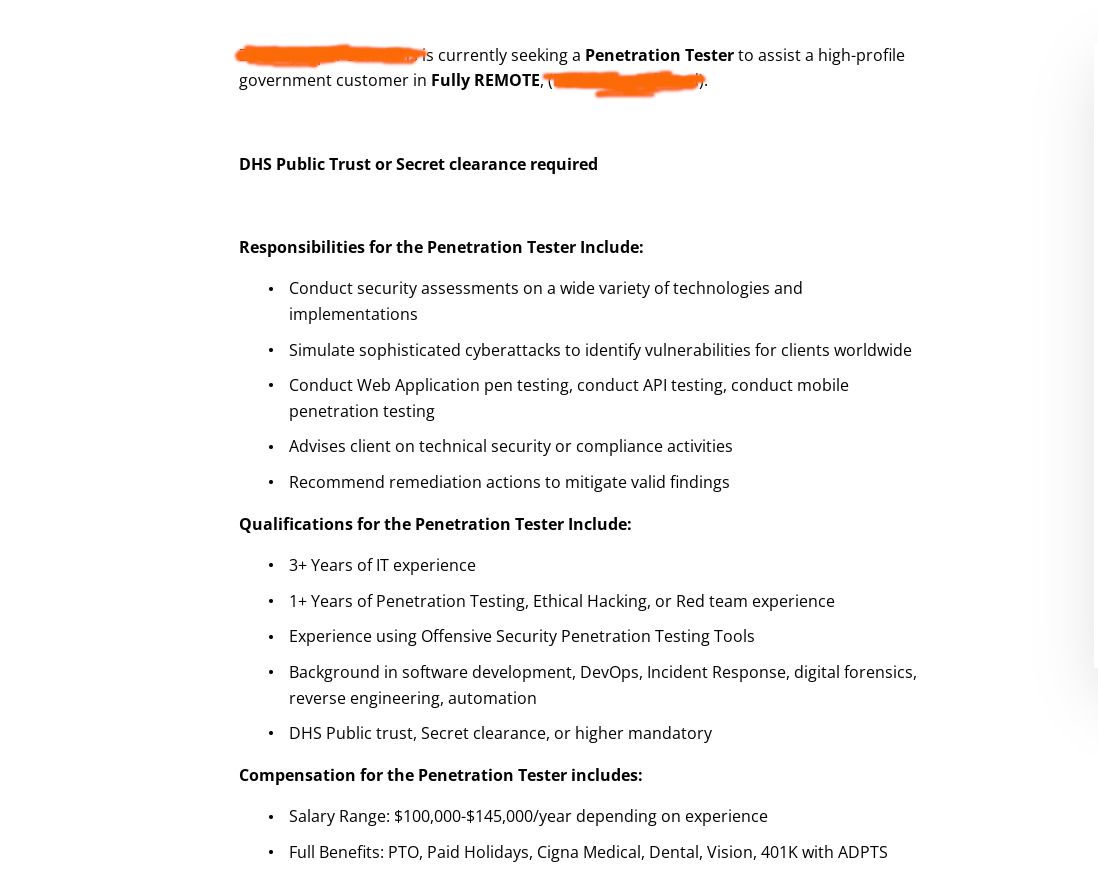 A sample job ad for an open penetration tester position at some random org.