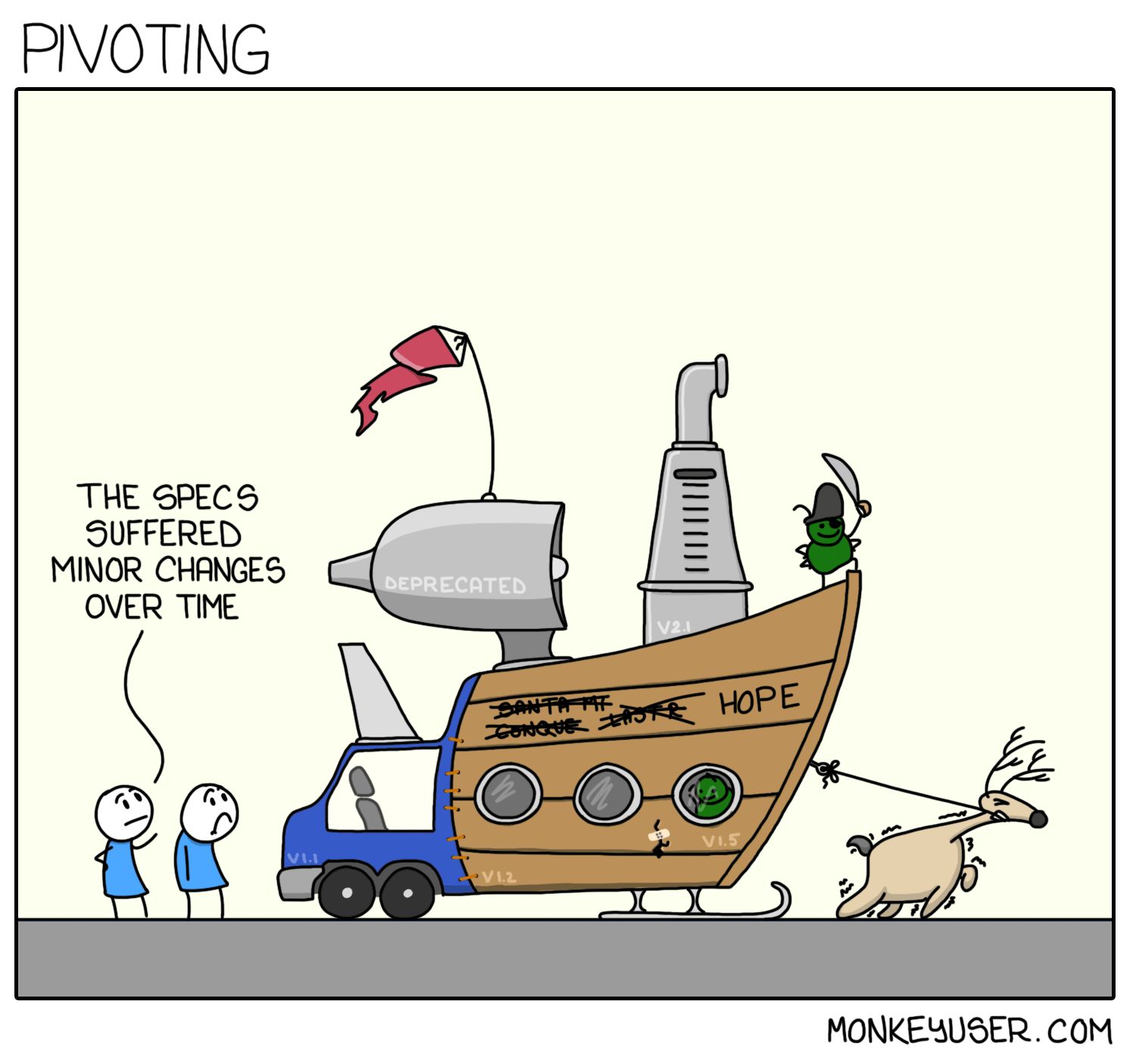 Cartoon sketch of your average start-up pivot attempt, courtesy monkeyuser.com.
