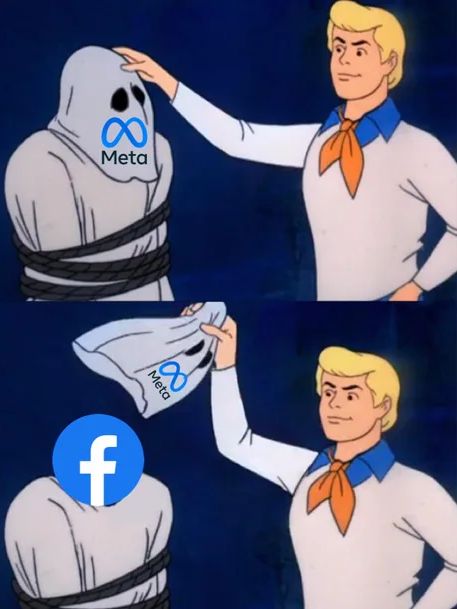 A Scooby-Doo meme showcasing what realy lies under the hood of the new Meta.